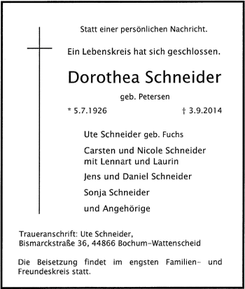 Traueranzeige von Dorothea Schneider von Tageszeitung