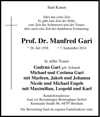 Traueranzeige von Manfred Gari von Tageszeitung