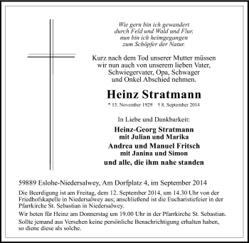 Traueranzeige von Heinz Stratmann von Tageszeitung