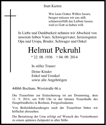 Traueranzeige von Helmut Pekruhl von Tageszeitung