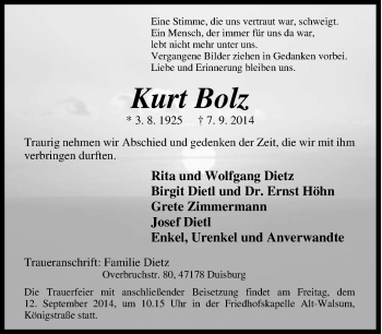 Traueranzeigen Von Kurt Bolz | Trauer-in-NRW.de