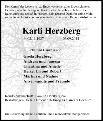 Traueranzeige von Karli Herzberg von Tageszeitung