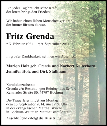 Traueranzeige von Fritz Grenda von Tageszeitung