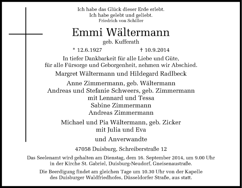  Traueranzeige für Emmi Wältermann vom 10.09.2014 aus Tageszeitung