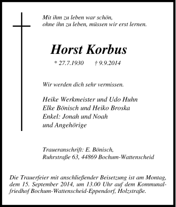Traueranzeige von Horst Korbus von Tageszeitung