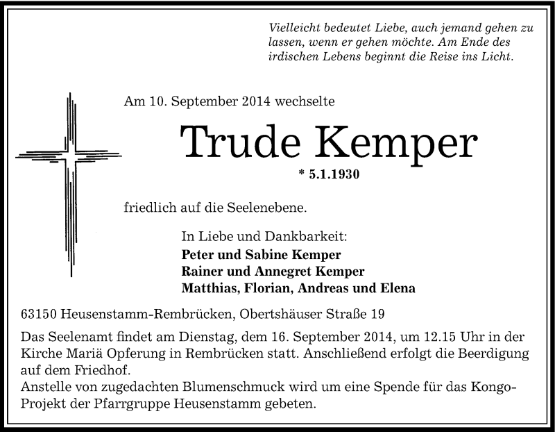  Traueranzeige für Trude Kemper vom 13.09.2014 aus Tageszeitung