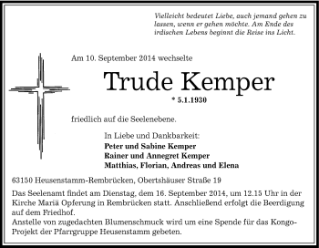 Traueranzeige von Trude Kemper von Tageszeitung