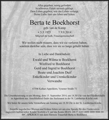 Traueranzeige von Berta te Boekhorst von Tageszeitung
