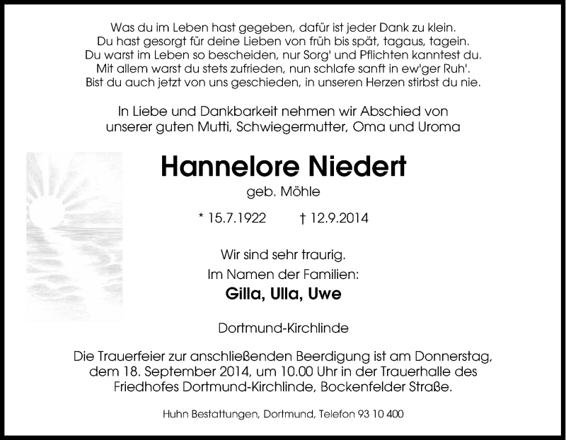  Traueranzeige für Hannelore Niedert vom 16.09.2014 aus Tageszeitung