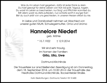 Traueranzeige von Hannelore Niedert von Tageszeitung