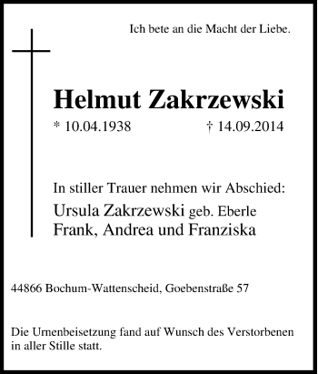 Traueranzeige von Helmut Zakrzewski von Tageszeitung