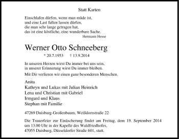 Traueranzeige von Werner Otto Schneeberg von Tageszeitung