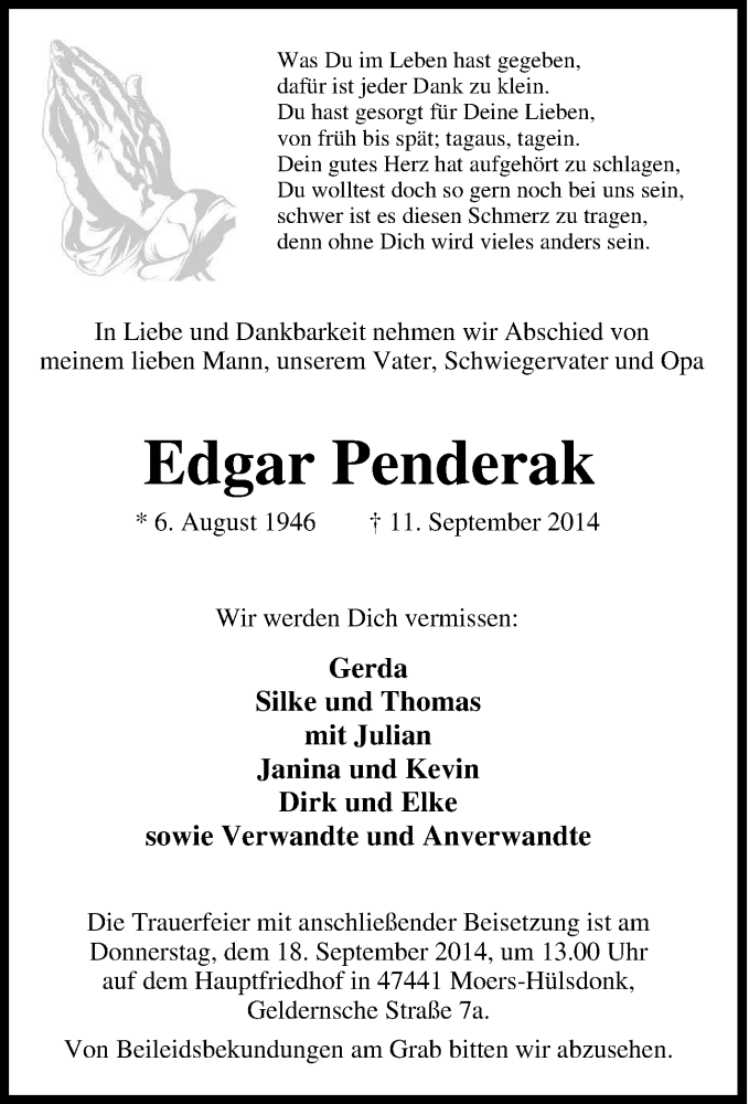  Traueranzeige für Edgar Penderak vom 16.09.2014 aus Tageszeitung