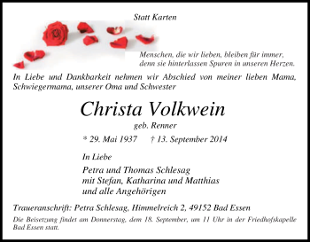 Traueranzeige von Christa Volkwein von Tageszeitung