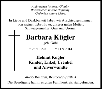 Traueranzeige von Barbara  Kügler von Tageszeitung