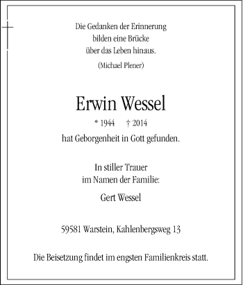 Traueranzeige von Erwin Wessel von Tageszeitung