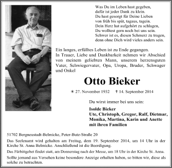 Traueranzeige von Otto Bieker von Tageszeitung