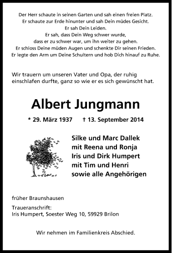 Traueranzeige von Albert Jungmann von Tageszeitung