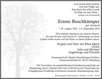 Traueranzeige von Emmi Buschkämper von Tageszeitung