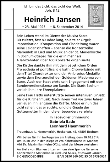 Traueranzeige von Heinrich  Jansen von Tageszeitung