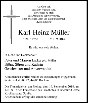 Traueranzeige von Karl-Heinz Müller von Tageszeitung
