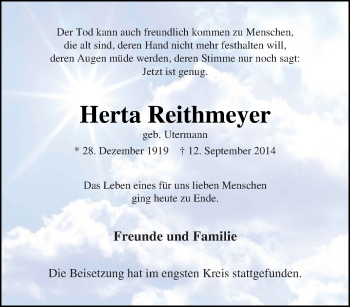 Traueranzeige von Herta  Reithmeyer von Tageszeitung
