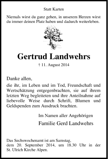 Traueranzeige von Gertrud Landwehrs von Tageszeitung