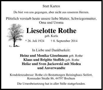Traueranzeige von Lieselotte  Rothe von Tageszeitung