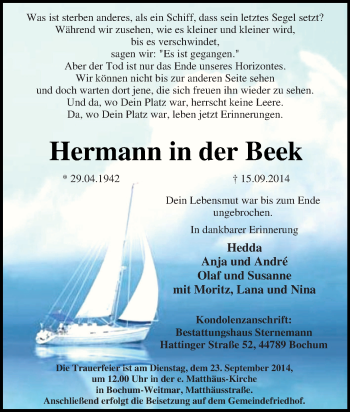 Traueranzeige von Hermann  in der Beek von Tageszeitung