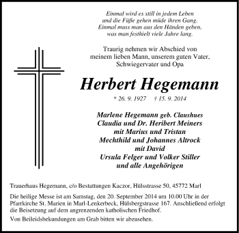 Traueranzeige von Herbert Hegemann von Tageszeitung