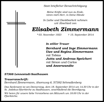 Traueranzeige von Elisabeth Zimmermann von Tageszeitung