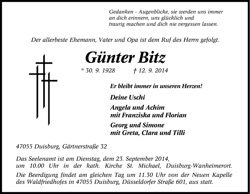 Traueranzeige für Günter  Bitz vom 20.09.2014 aus Tageszeitung
