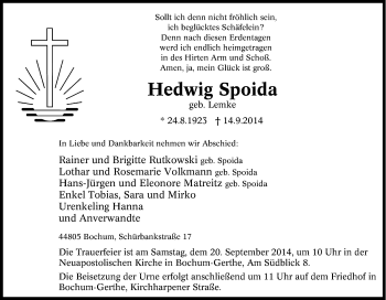 Traueranzeige von Hedwig Spoida von Tageszeitung