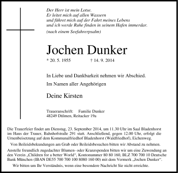 Traueranzeige von Jochen  Dunker von Tageszeitung