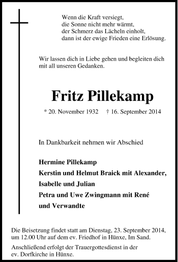 Traueranzeige von Fritz Pillekamp von Tageszeitung