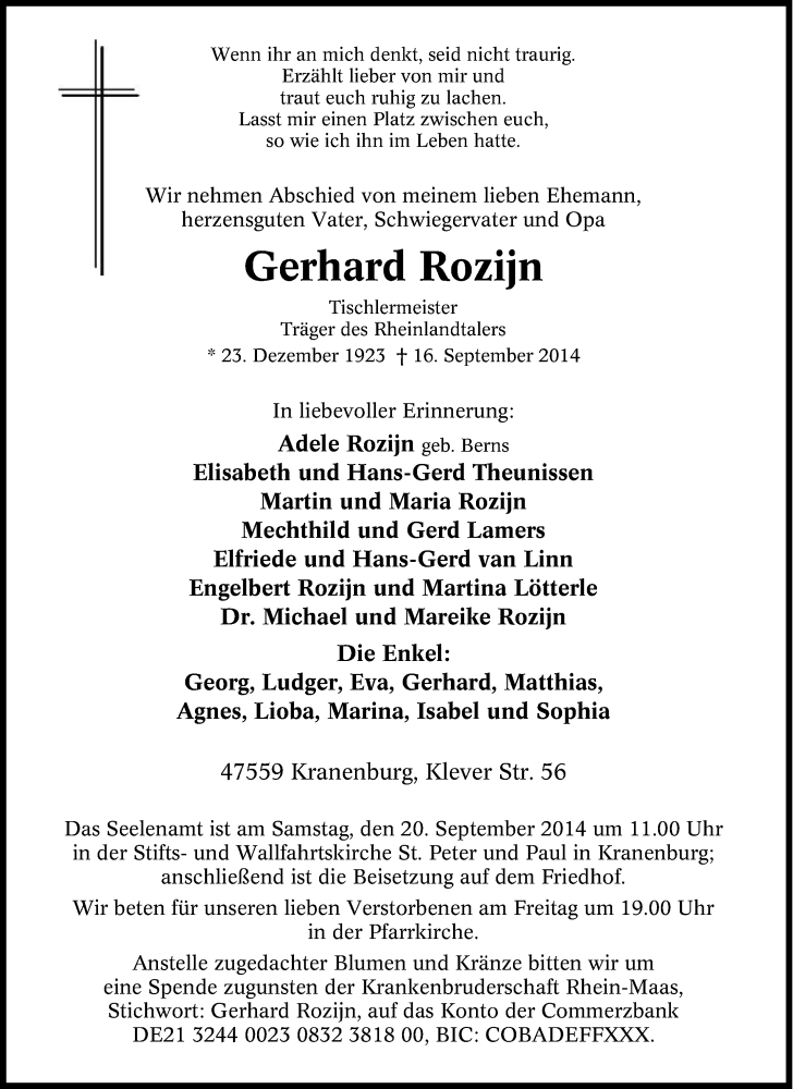  Traueranzeige für Gerhard Rozijn vom 18.09.2014 aus Tageszeitung