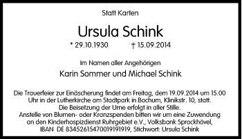 Traueranzeige von Ursula Schink von Tageszeitung