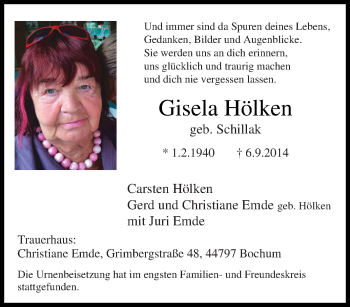 Traueranzeige von Gisela  Hölken von Tageszeitung