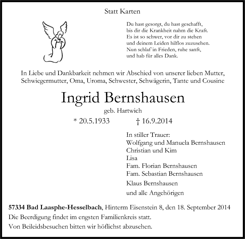  Traueranzeige für Ingrid Bernshausen vom 18.09.2014 aus Tageszeitung