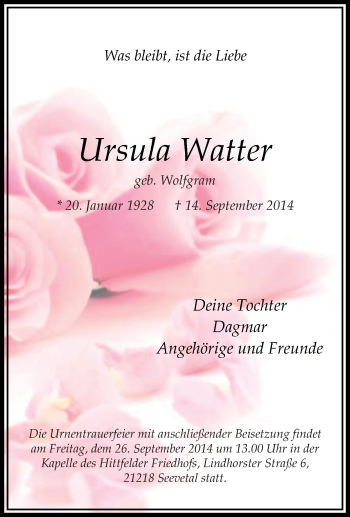 Traueranzeige von Ursula  Watter von Tageszeitung