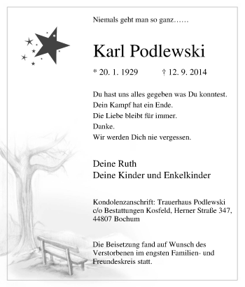 Traueranzeige von Karl  Podlewski von Tageszeitung