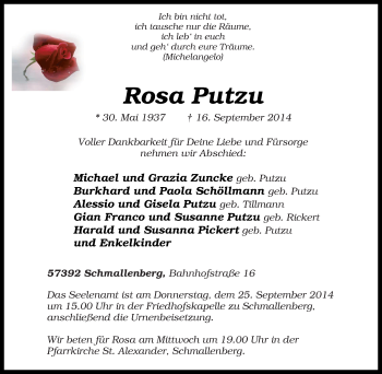 Traueranzeige von Rosa  Putzu von Tageszeitung