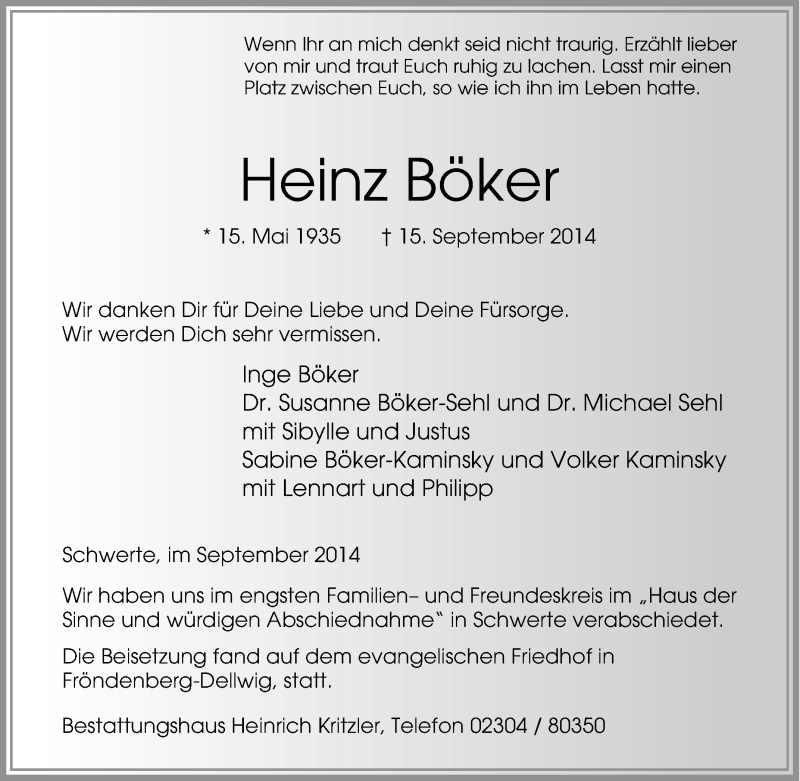  Traueranzeige für Heinz Böker vom 23.09.2014 aus Tageszeitung