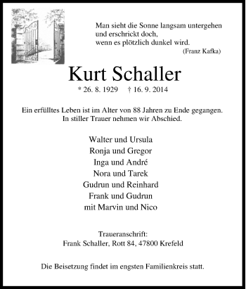 Traueranzeige von Kurt  Schaller von Tageszeitung