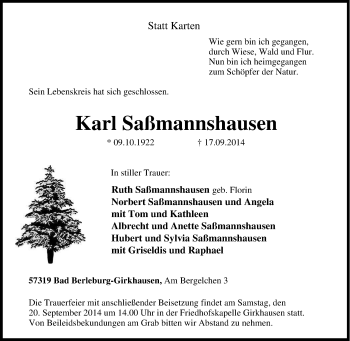 Traueranzeige von Karl Saßmannshausen von Tageszeitung