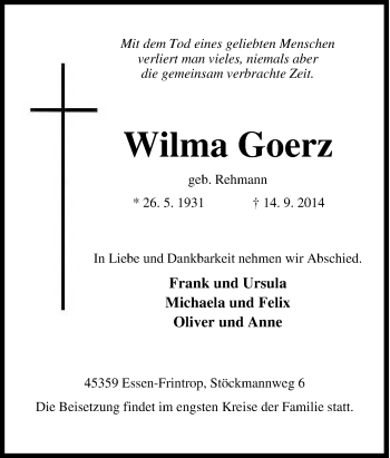 Traueranzeige von Wilma Goerz von Tageszeitung