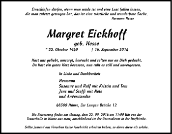 Traueranzeige von Margret Eickhoff von Tageszeitung