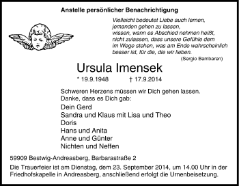 Traueranzeige von Ursula  Imensek von Tageszeitung