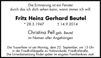 Traueranzeige von Fritz Heinz Gerhard Beutel von Tageszeitung