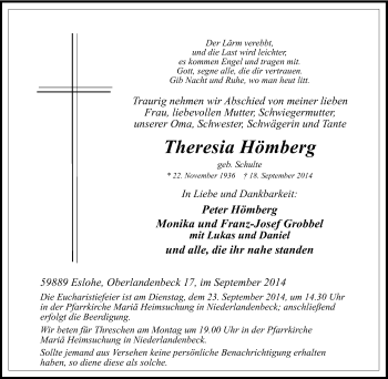 Traueranzeige von Theresia Hömberg von Tageszeitung